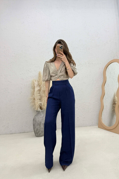 ONE COLOR WIDE LEG WOMAN TROUSERS ELECTRIC BLUE/BLEL - KLAUDIO FASHION