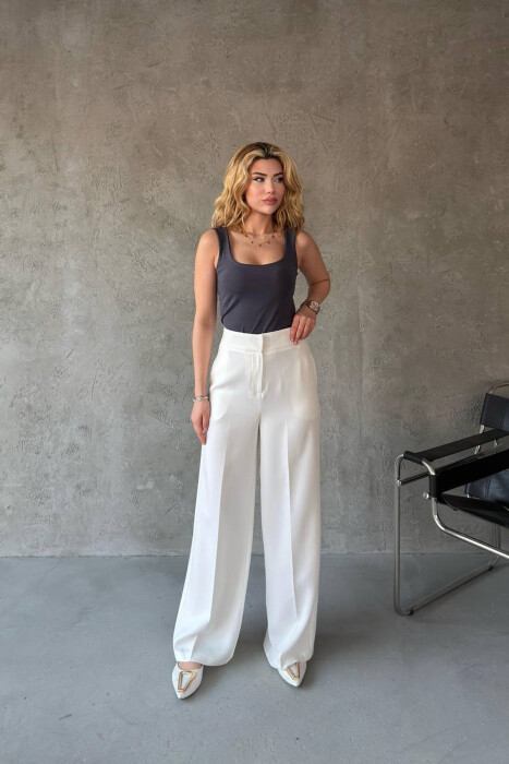 ONE COLOR WIDE LEG WOMAN TROUSERS WHITE-E BARDHE - KLAUDIO FASHION