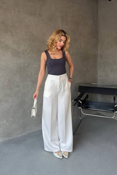 ONE COLOR WIDE LEG WOMAN TROUSERS WHITE-E BARDHE - 3