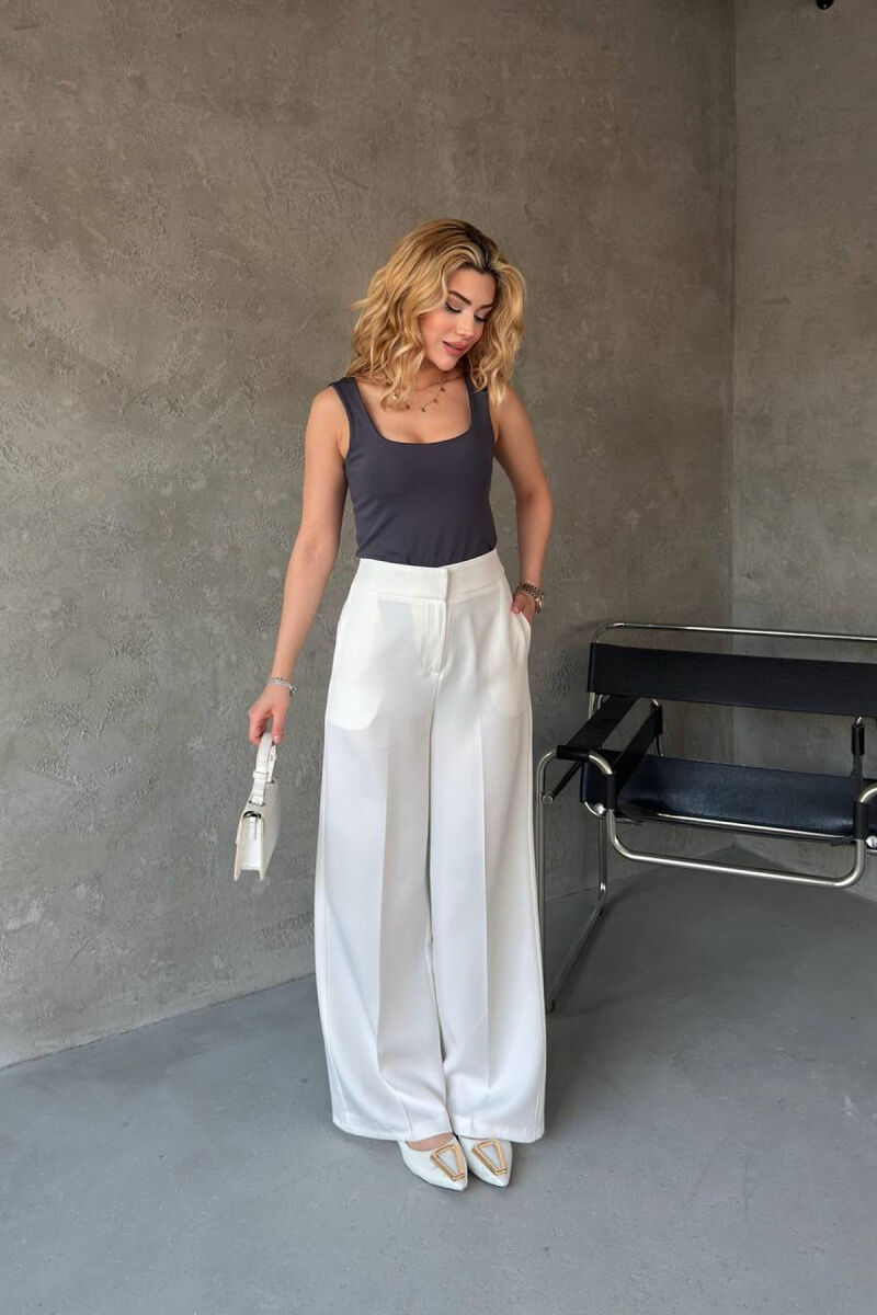 ONE COLOR WIDE LEG WOMAN TROUSERS WHITE-E BARDHE - 3