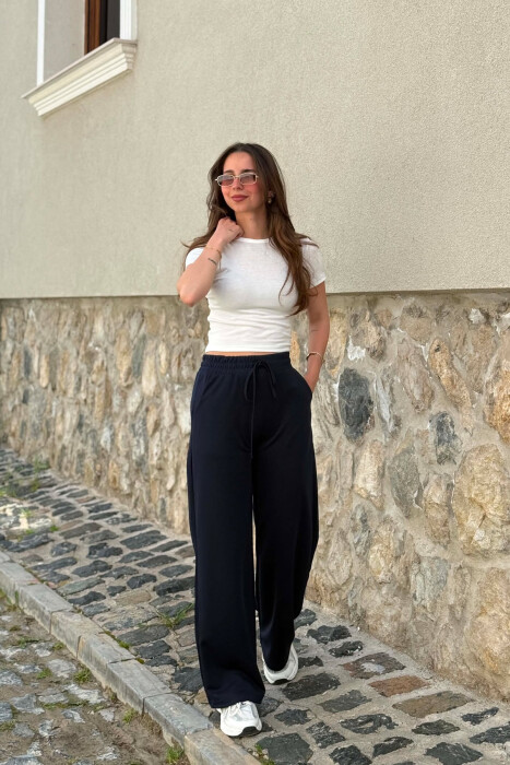 ONE COLOR WIDE LEG WOMEN SWEATPANTS DARK BLUE/BEE - 2