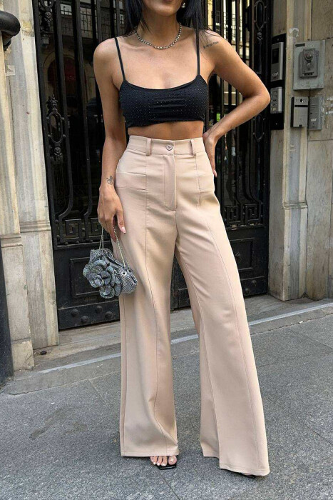 ONE COLOR WIDE LEG WOMEN TROUSERS BEIGE/BEZHE - 3