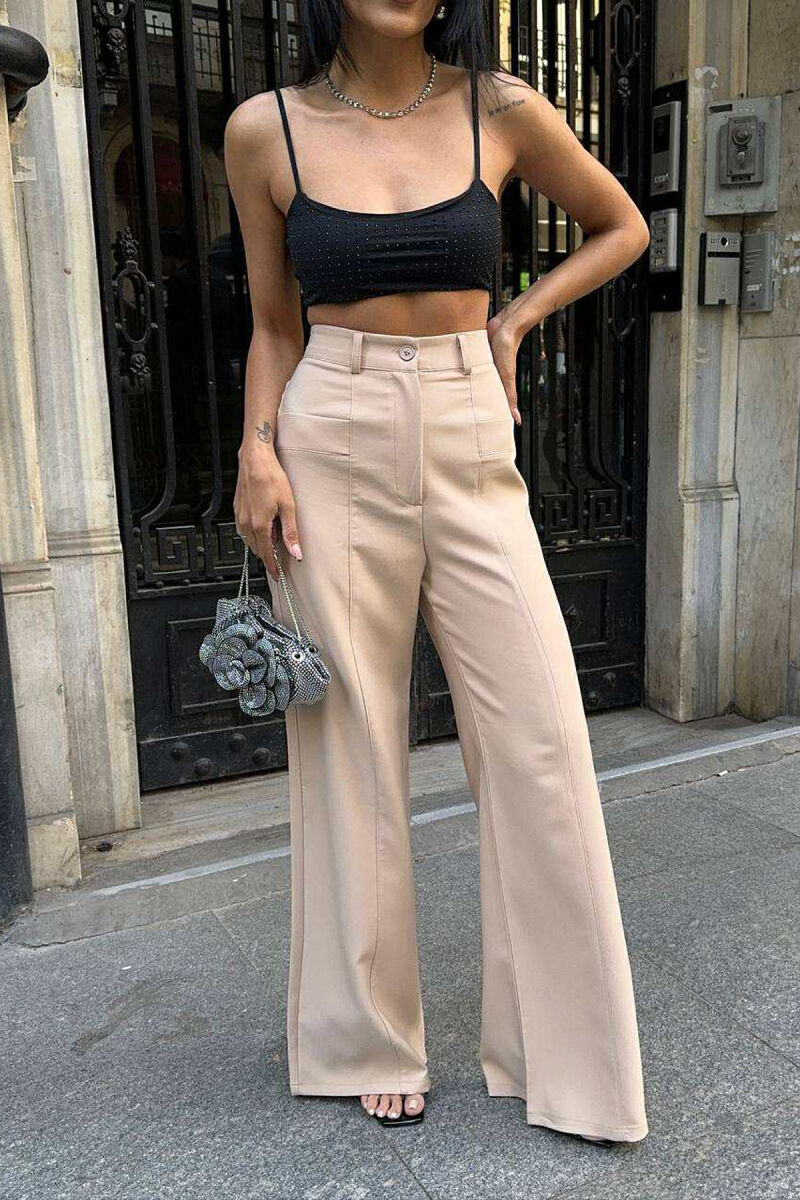 ONE COLOR WIDE LEG WOMEN TROUSERS BEIGE/BEZHE - 3