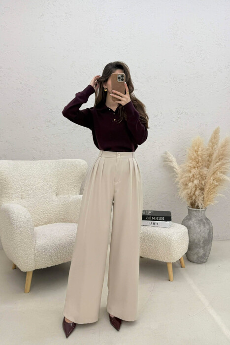 ONE COLOR WIDE LEG WOMEN TROUSERS BEIGE/BEZHE - 1