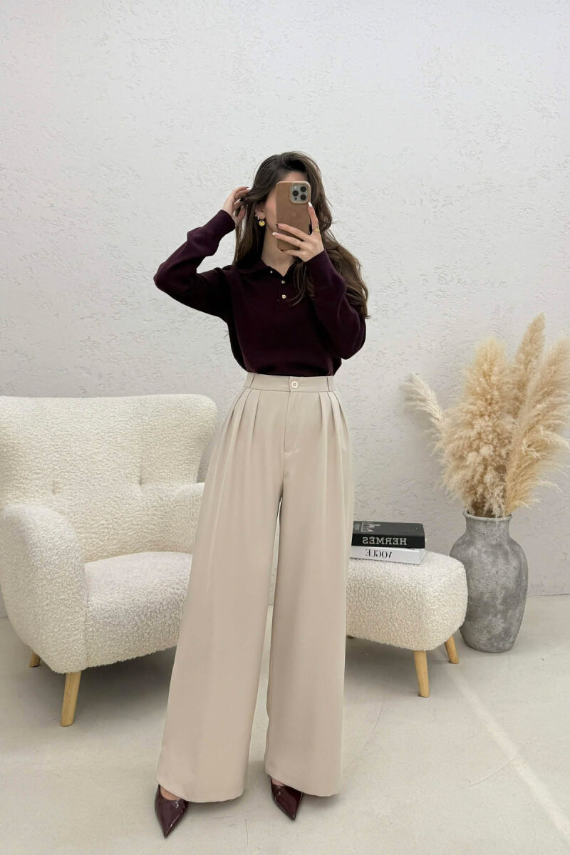 ONE COLOR WIDE LEG WOMEN TROUSERS BEIGE/BEZHE - 1