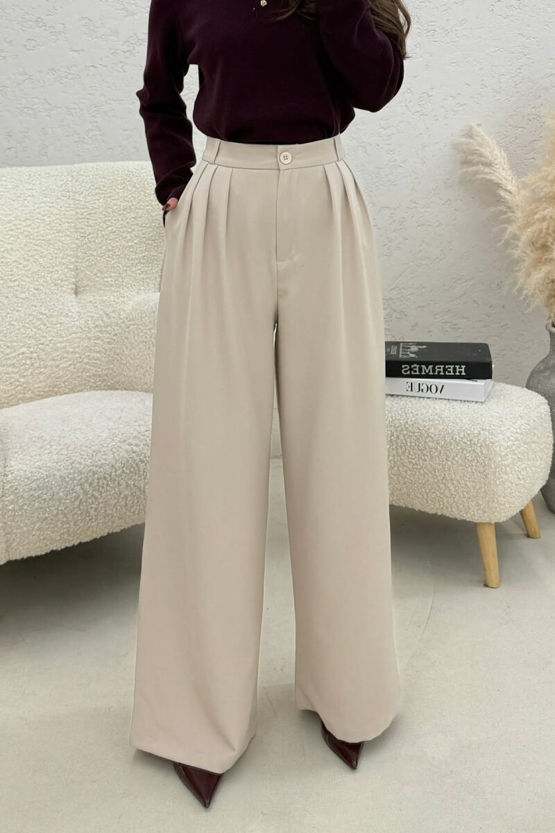 ONE COLOR WIDE LEG WOMEN TROUSERS BEIGE/BEZHE - 2