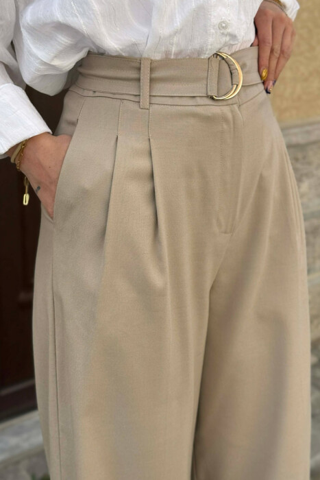 ONE COLOR WIDE LEG WOMEN TROUSERS BEIGE/BEZHE - 3