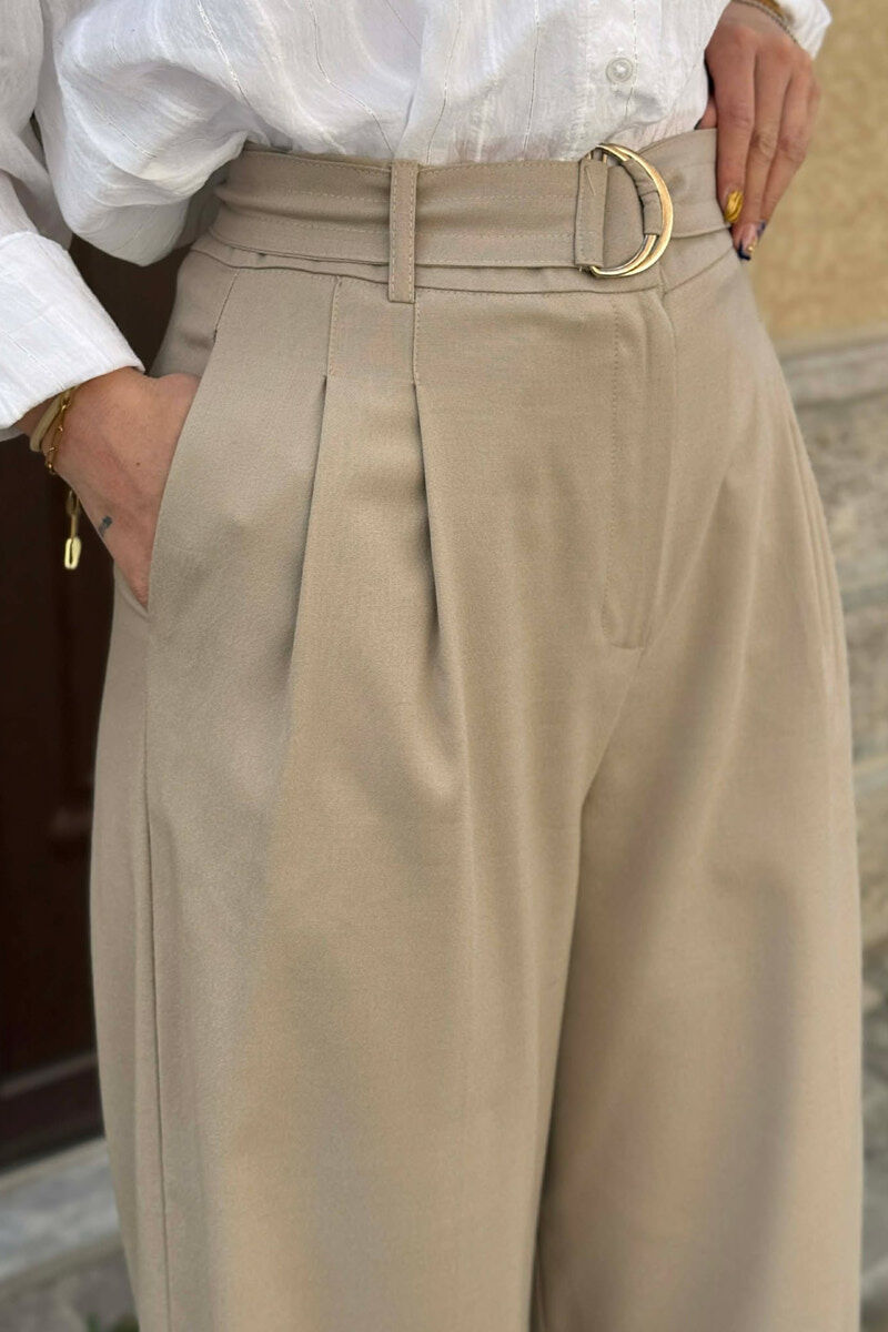ONE COLOR WIDE LEG WOMEN TROUSERS BEIGE/BEZHE - 3