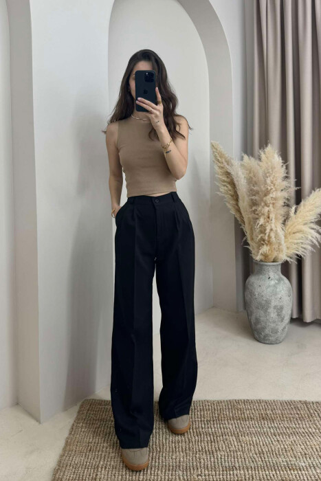 ONE COLOR WIDE LEG WOMEN TROUSERS BLACK/ E ZEZE 