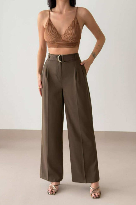 ONE COLOR WIDE LEG WOMEN TROUSERS BROWN/KAFE - KLAUDIO FASHION
