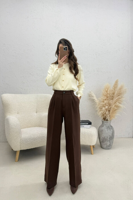ONE COLOR WIDE LEG WOMEN TROUSERS BROWN/KAFE - 1