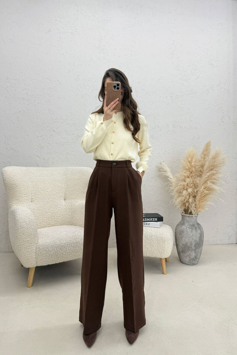 ONE COLOR WIDE LEG WOMEN TROUSERS BROWN/KAFE - 1