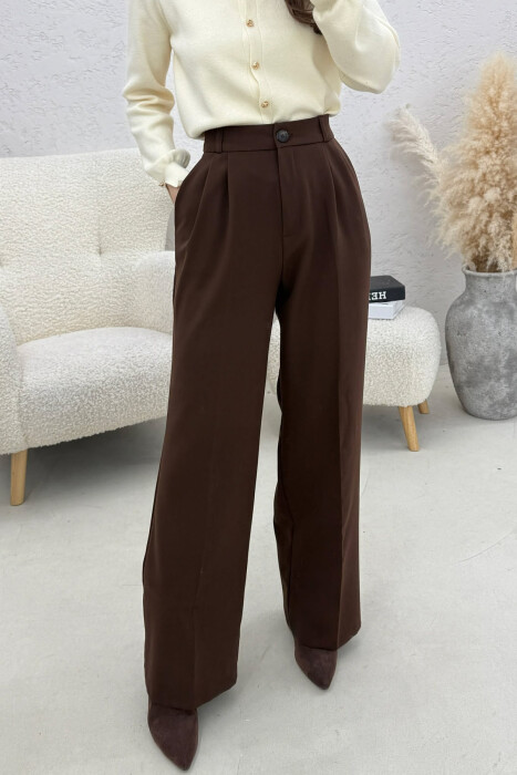 ONE COLOR WIDE LEG WOMEN TROUSERS BROWN/KAFE - 3