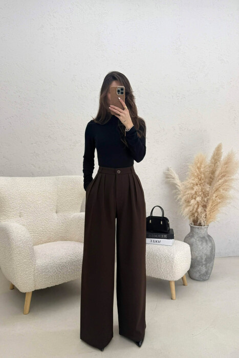 ONE COLOR WIDE LEG WOMEN TROUSERS BROWN/KAFE - 1