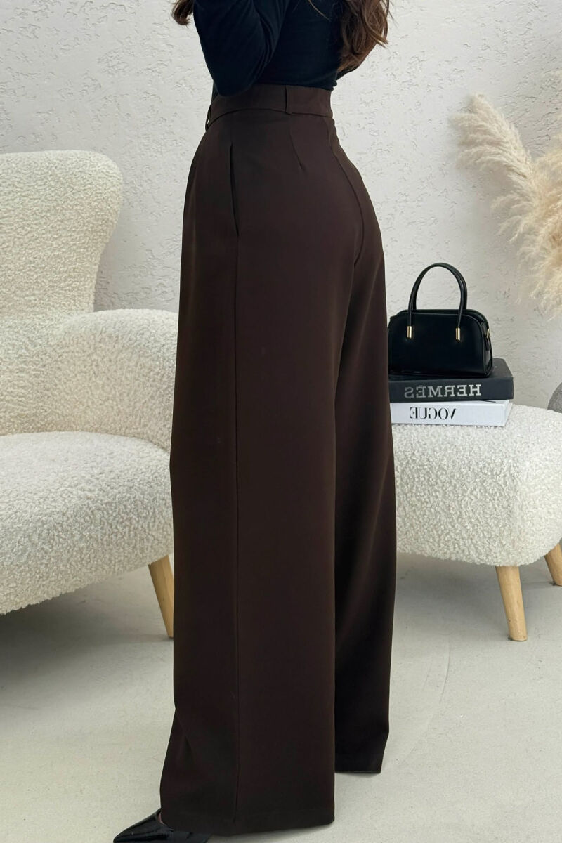 ONE COLOR WIDE LEG WOMEN TROUSERS BROWN/KAFE - 2