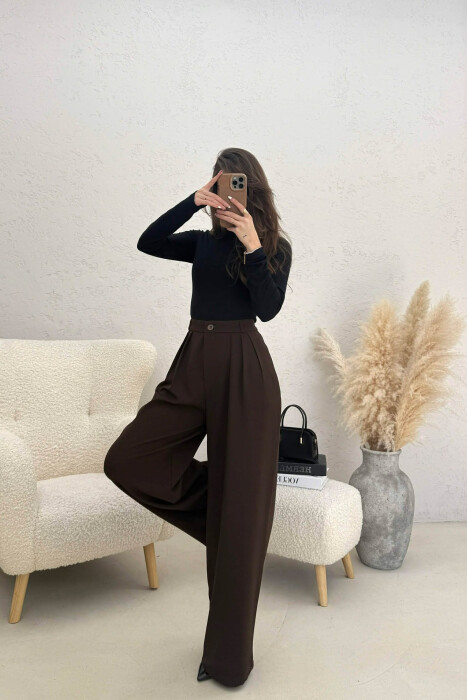 ONE COLOR WIDE LEG WOMEN TROUSERS BROWN/KAFE - 4