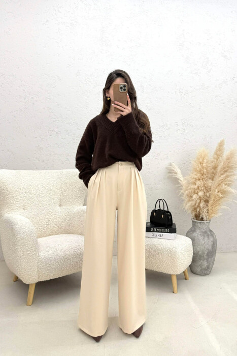 ONE COLOR WIDE LEG WOMEN TROUSERS CREAM/KREM - 1