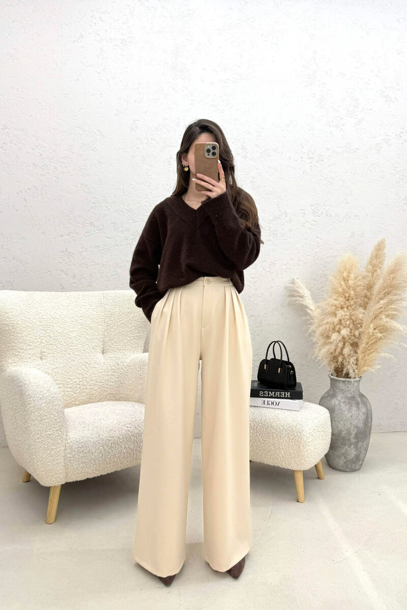 ONE COLOR WIDE LEG WOMEN TROUSERS CREAM/KREM - 1