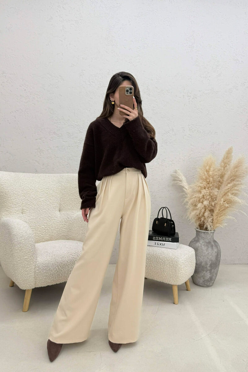 ONE COLOR WIDE LEG WOMEN TROUSERS CREAM/KREM - 2