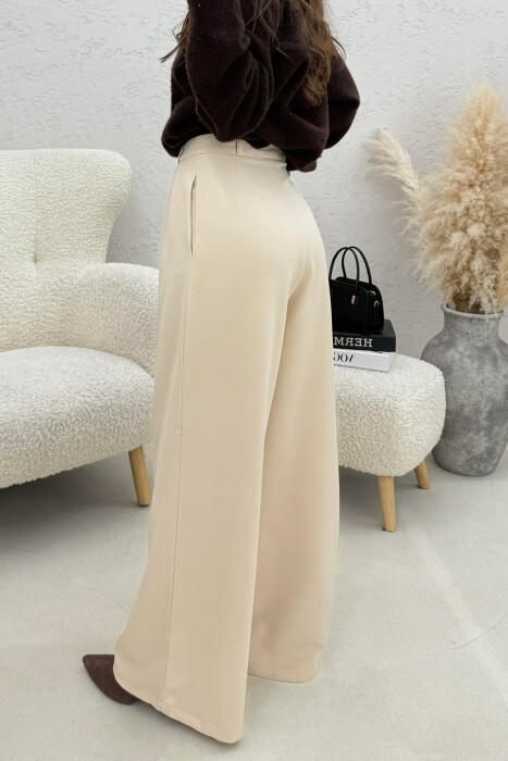 ONE COLOR WIDE LEG WOMEN TROUSERS CREAM/KREM - 3