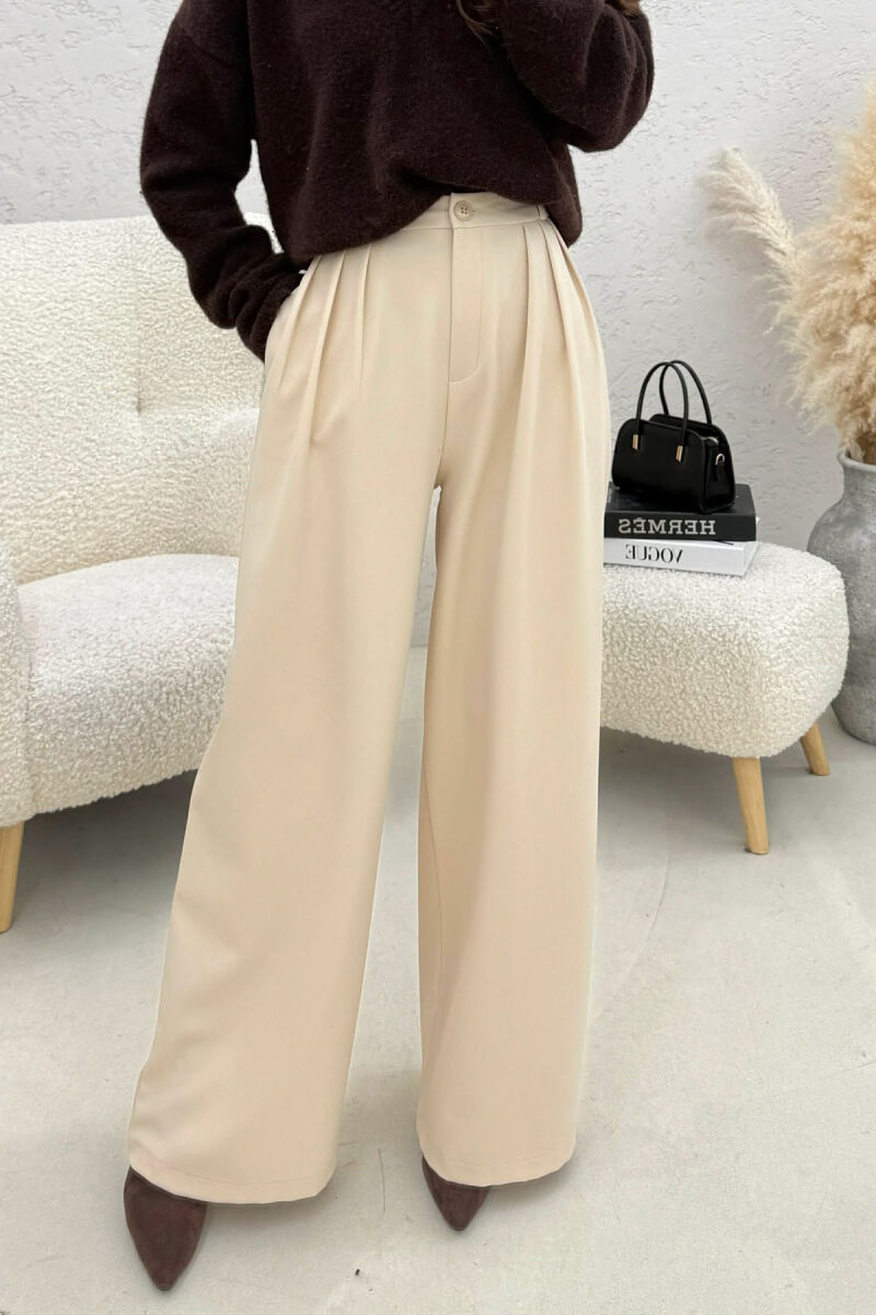 ONE COLOR WIDE LEG WOMEN TROUSERS CREAM/KREM - 4