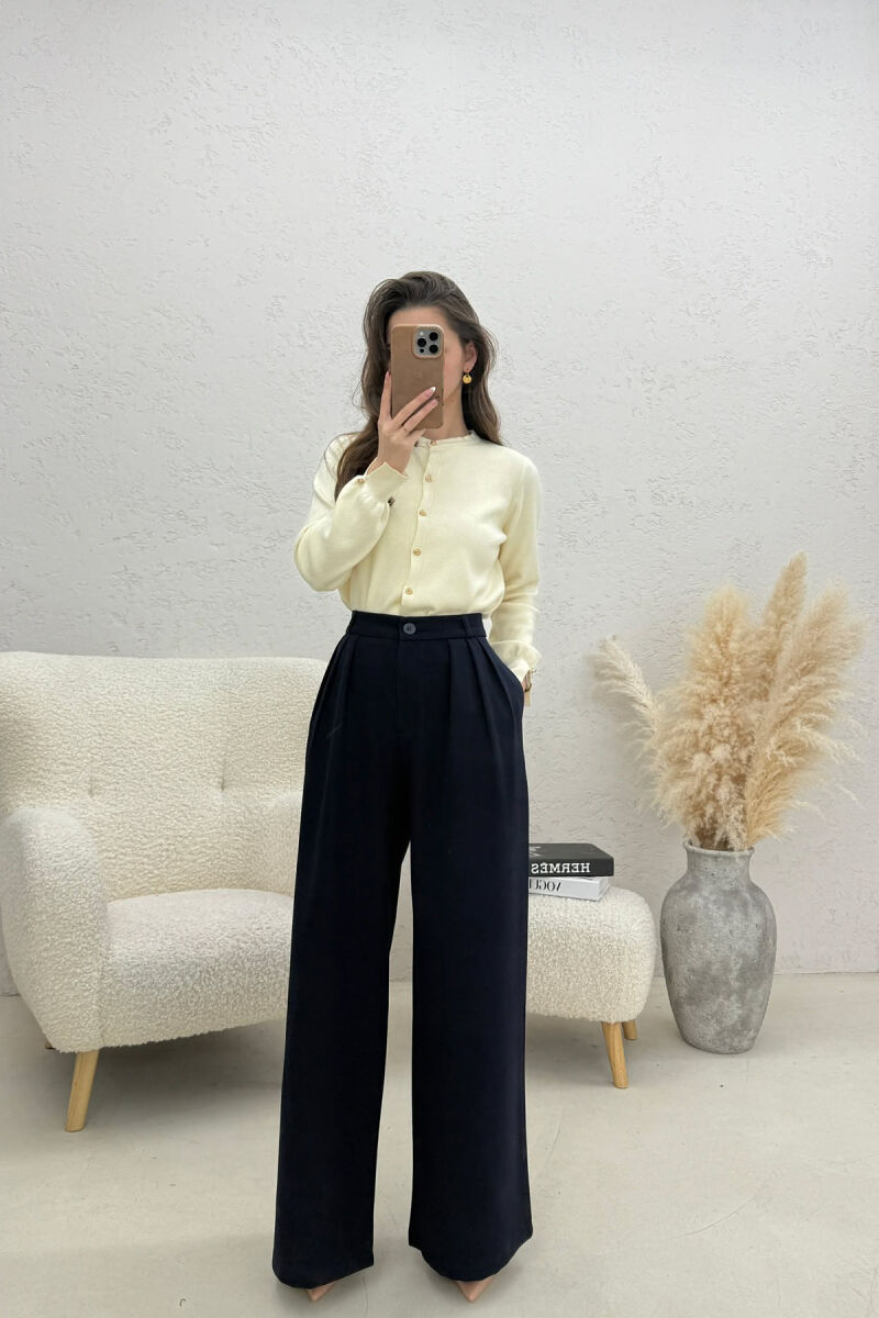 ONE COLOR WIDE LEG WOMEN TROUSERS DARK BLUE/BEE - 2