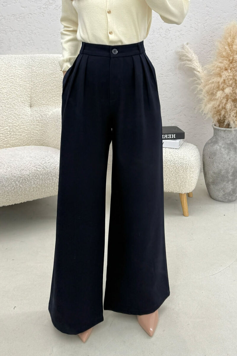 ONE COLOR WIDE LEG WOMEN TROUSERS DARK BLUE/BEE - 4