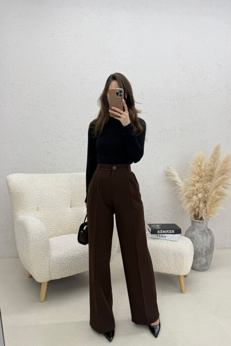 ONE COLOR WIDE LEG WOMEN TROUSERS DARK BROWN/KAE - 1