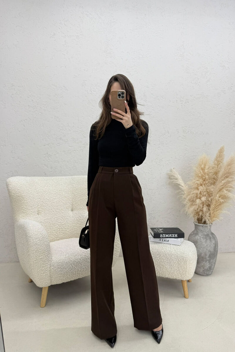 ONE COLOR WIDE LEG WOMEN TROUSERS DARK BROWN/KAE - 1
