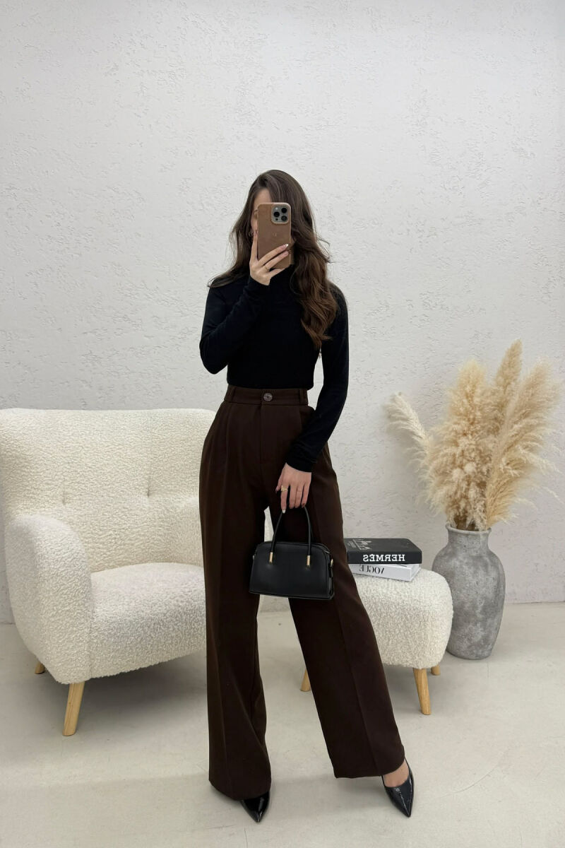 ONE COLOR WIDE LEG WOMEN TROUSERS DARK BROWN/KAE - 2