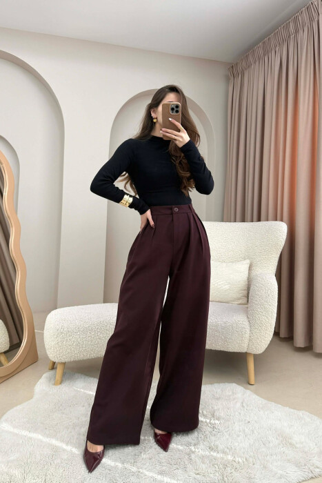 ONE COLOR WIDE LEG WOMEN TROUSERS DARK BURGUNDY/VISHNJE E ERRET - KLAUDIO FASHION