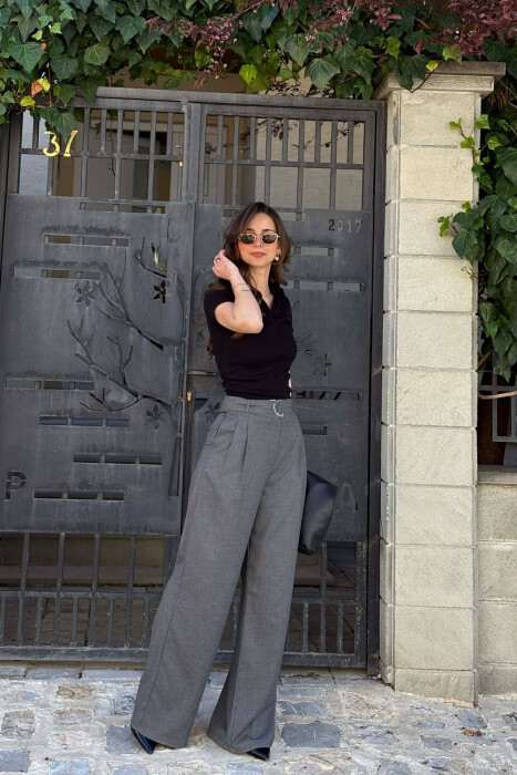 ONE COLOR WIDE LEG WOMEN TROUSERS DARK GREY/GEE - KLAUDIO FASHION