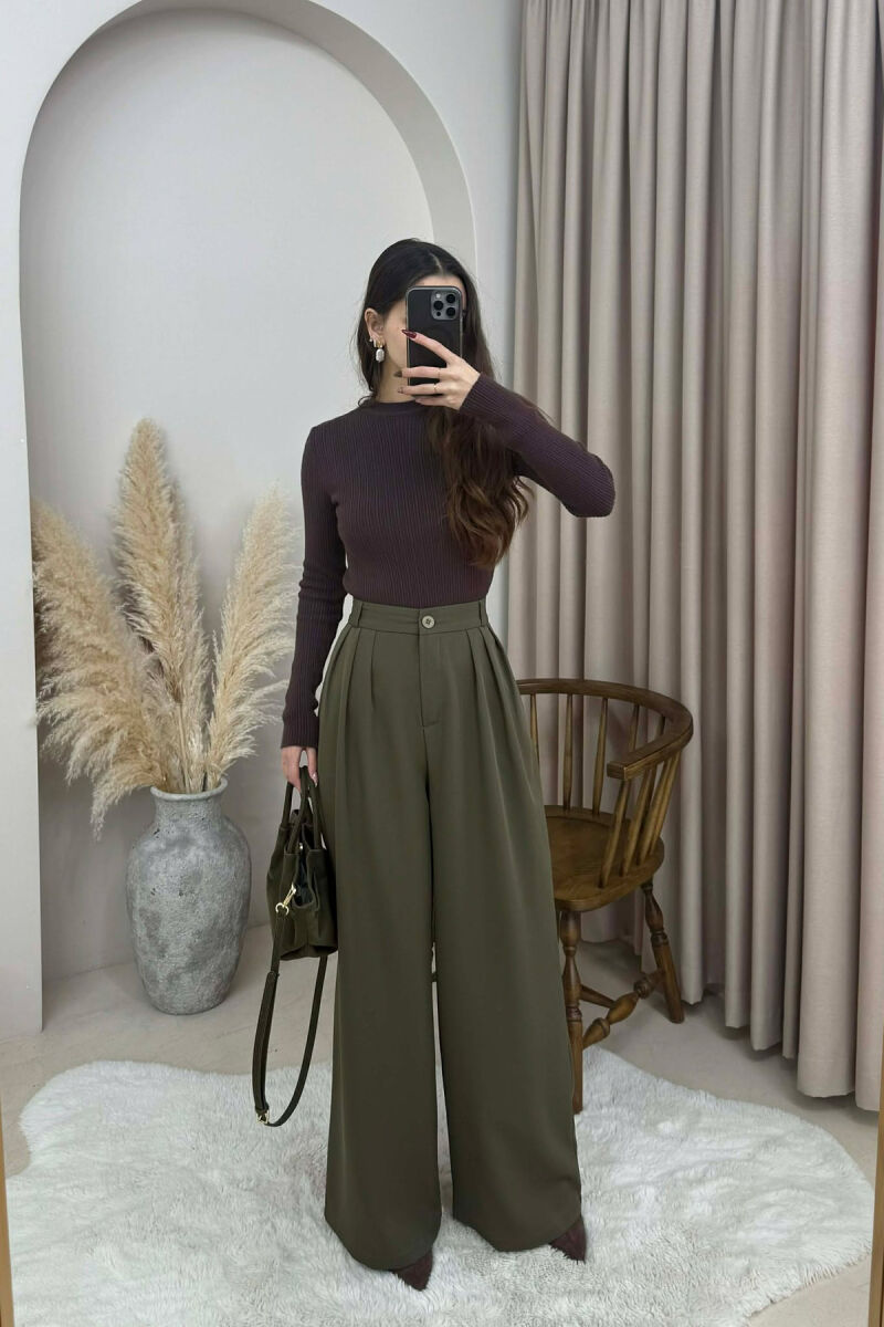 ONE COLOR WIDE LEG WOMEN TROUSERS GREEN/JESHILE - 1