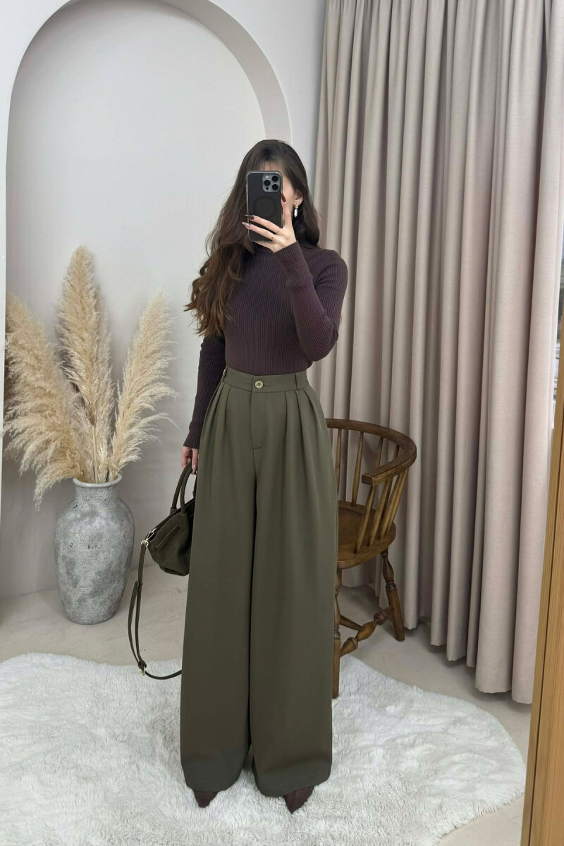 ONE COLOR WIDE LEG WOMEN TROUSERS GREEN/JESHILE - 2
