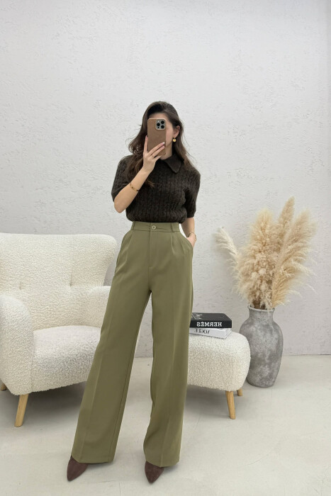 ONE COLOR WIDE LEG WOMEN TROUSERS GREEN/JESHILE - 1