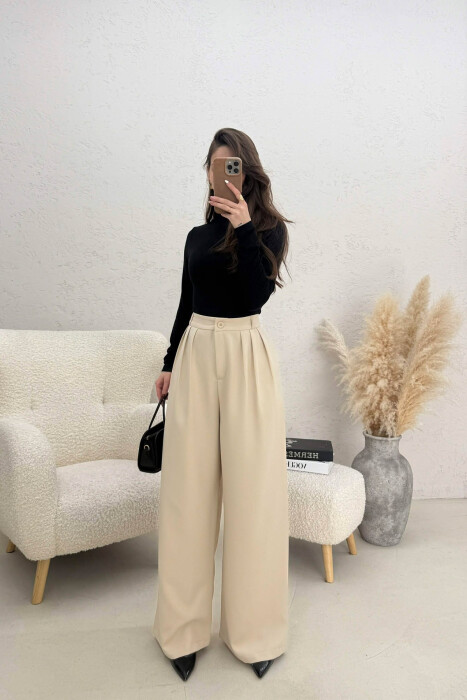 ONE COLOR WIDE LEG WOMEN TROUSERS LIGHT BEIGE/BZHZB - 1