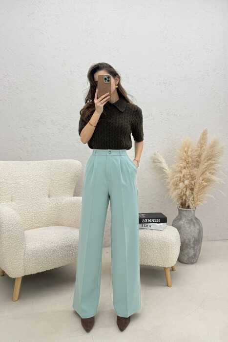 ONE COLOR WIDE LEG WOMEN TROUSERS MINT/MENTE - KLAUDIO FASHION