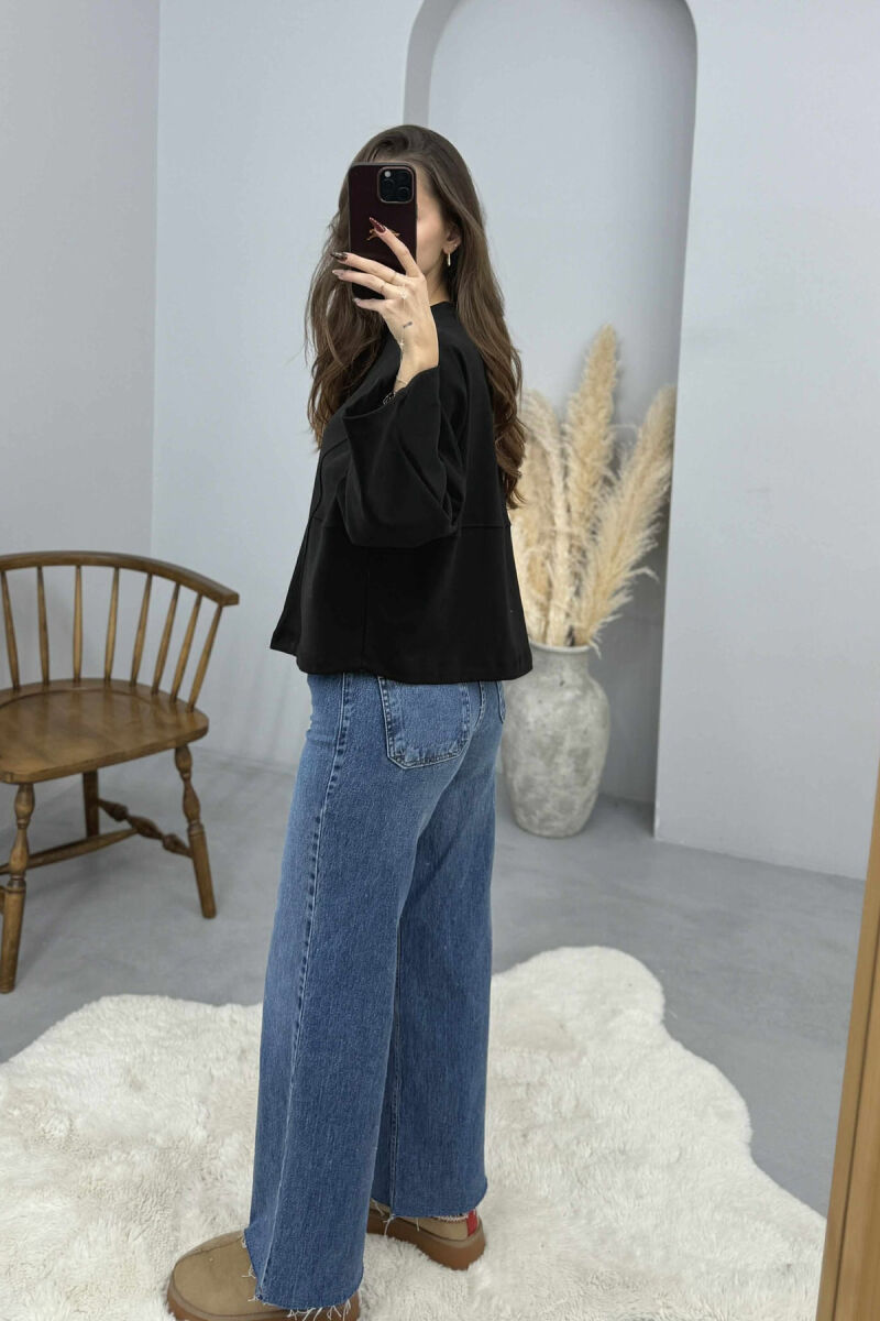 ONE COLOR WIDE ROUND NECK WOMEN SWEATSHIRT BLACK/ E ZEZE - 2