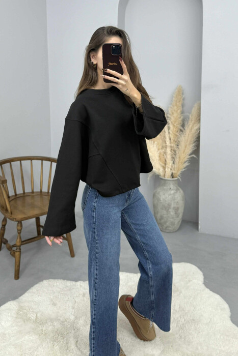 ONE COLOR WIDE ROUND NECK WOMEN SWEATSHIRT BLACK/ E ZEZE - 3