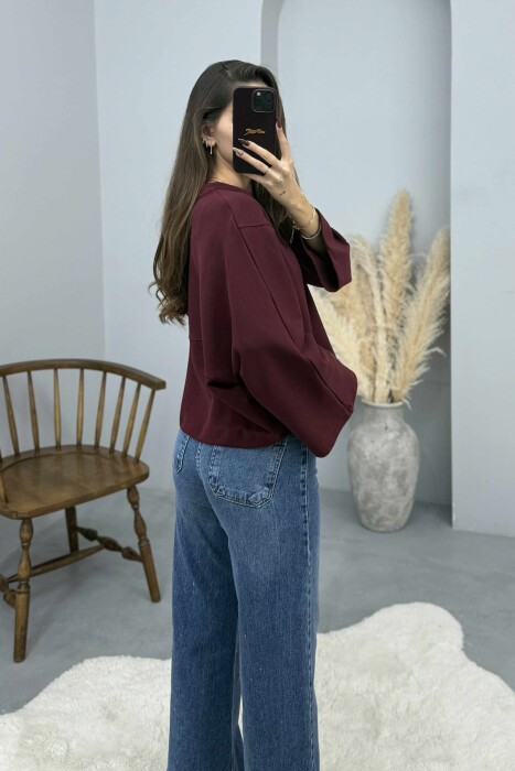 ONE COLOR WIDE ROUND NECK WOMEN SWEATSHIRT BURGUNDY/VISHNJE - 2