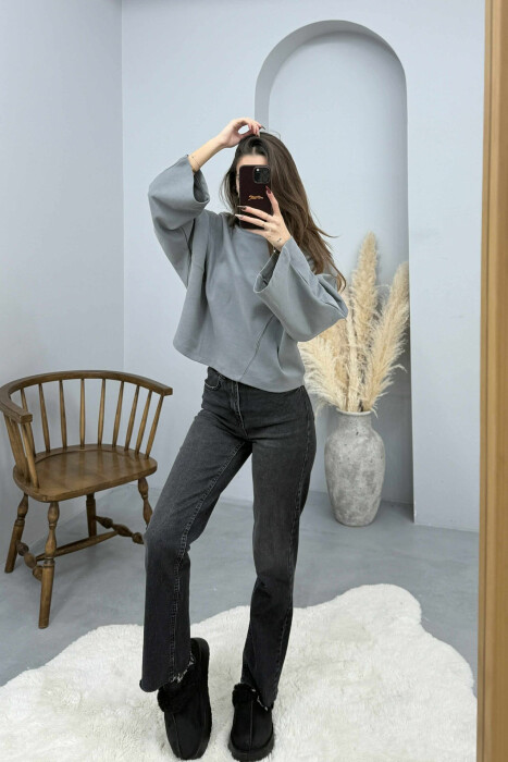 ONE COLOR WIDE ROUND NECK WOMEN SWEATSHIRT GREY/GRI - 4