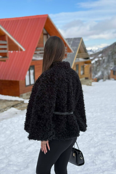 ONE COLOR WOOL BELT DETAIL WOMEN CAPE COAT BLACK/ E ZEZE - 3