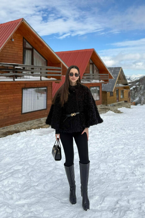 ONE COLOR WOOL BELT DETAIL WOMEN CAPE COAT BLACK/ E ZEZE - 4