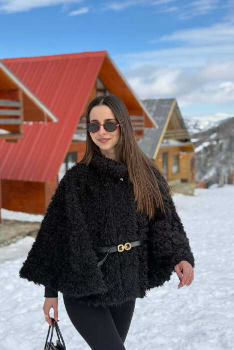 ONE COLOR WOOL BELT DETAIL WOMEN CAPE COAT BLACK/ E ZEZE - 5