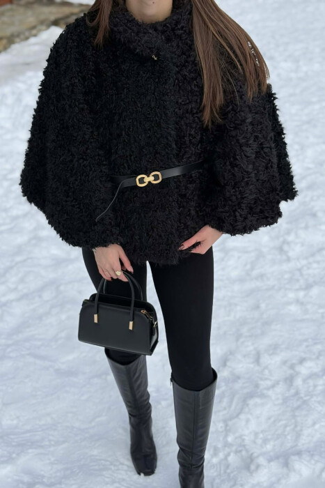 ONE COLOR WOOL BELT DETAIL WOMEN CAPE COAT BLACK/ E ZEZE - 6