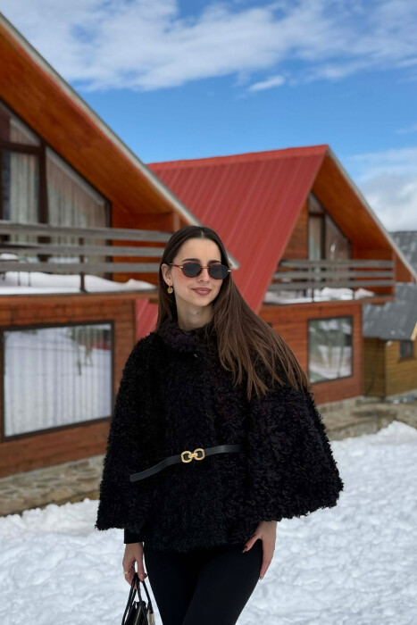 ONE COLOR WOOL BELT DETAIL WOMEN CAPE COAT BLACK/ E ZEZE 