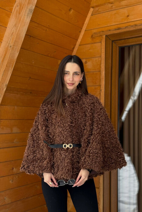 ONE COLOR WOOL BELT DETAIL WOMEN CAPE COAT BROWN/KAFE - KLAUDIO FASHION