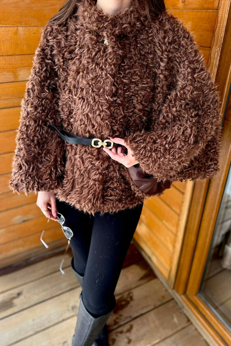 ONE COLOR WOOL BELT DETAIL WOMEN CAPE COAT BROWN/KAFE - 2