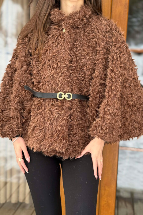 ONE COLOR WOOL BELT DETAIL WOMEN CAPE COAT BROWN/KAFE - 4