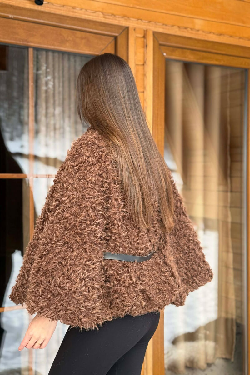 ONE COLOR WOOL BELT DETAIL WOMEN CAPE COAT BROWN/KAFE - 5